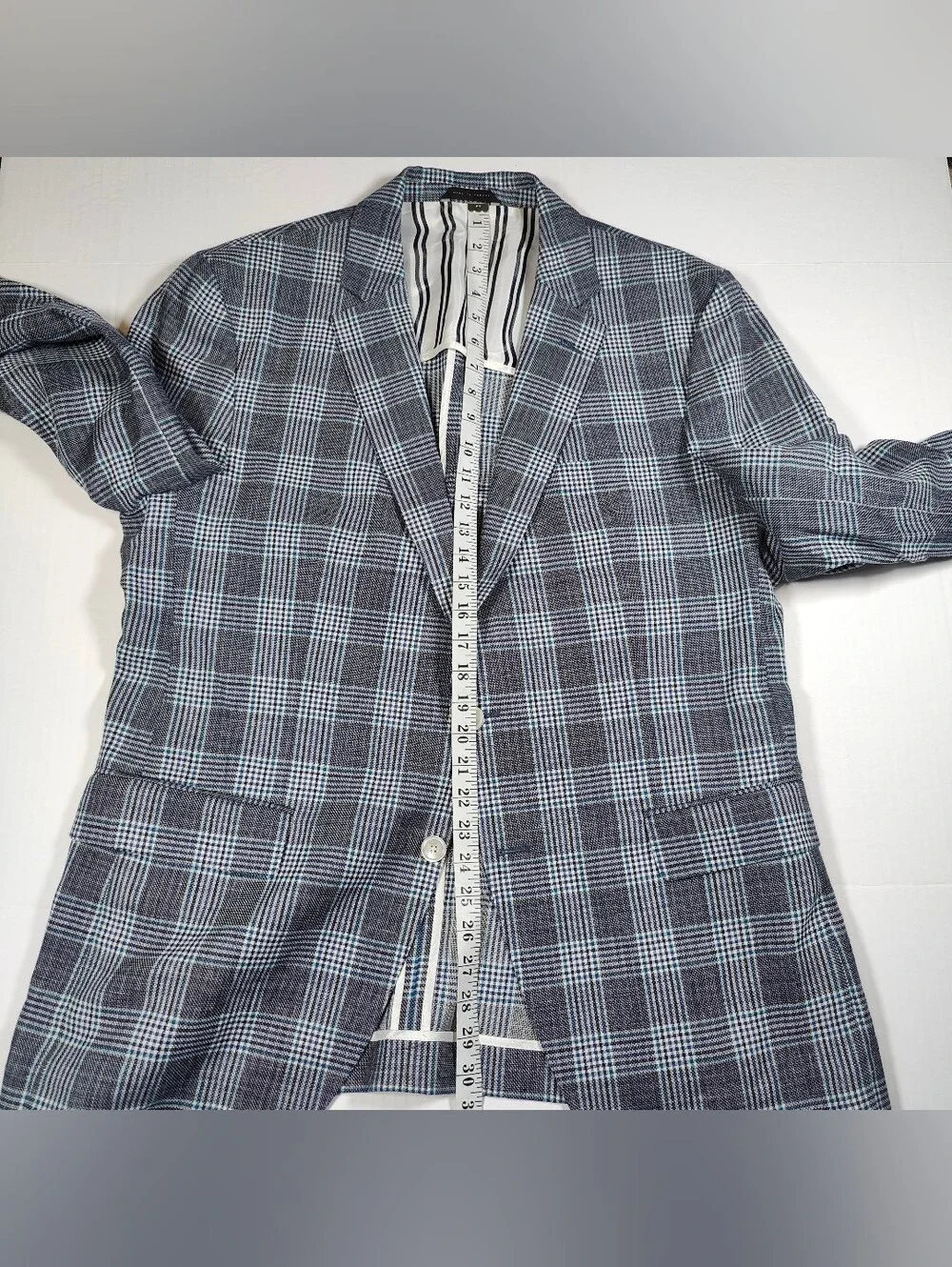 Hugo Boss Landicio Bella Tesse 60% Wool 40% Linen Blue Gray Plaid Blazer Sz 46